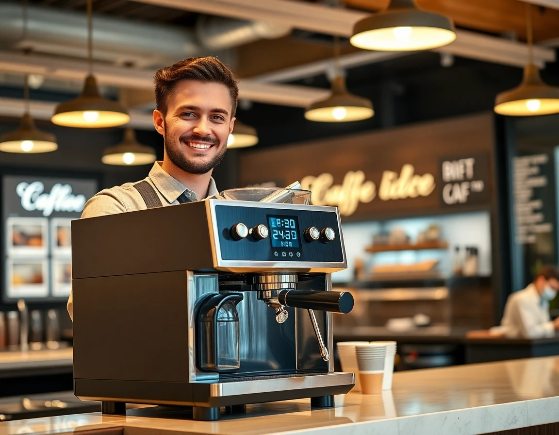 Young barista demonstrating Cafe Brand espresso machine in modern cafe