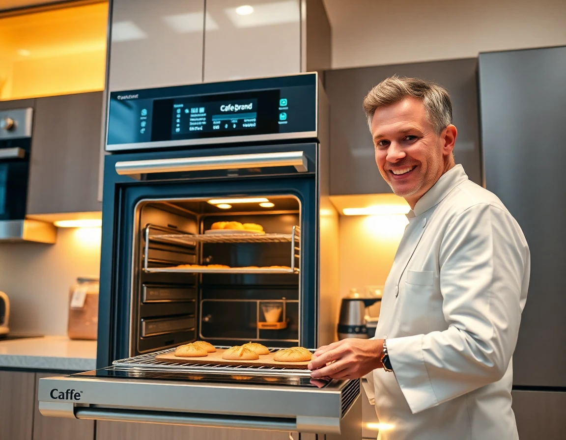Chef using Cafe Brand oven in modern, high-tech kitchen setup