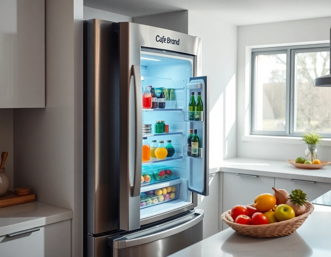 Close-up of Cafe Brand refrigerator with organized colorful ingredients in modern kitchen