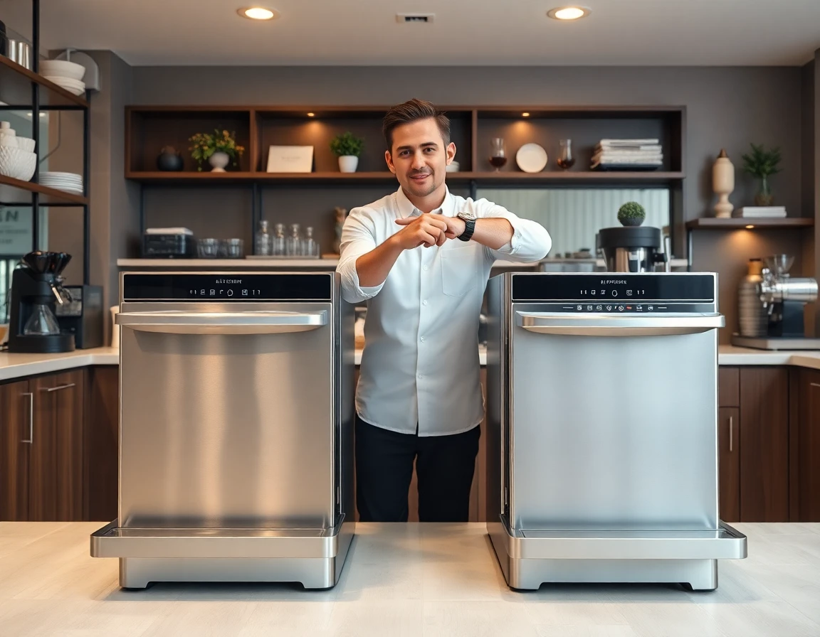 Comparison of traditional and advanced cafe dishwashers in professional setting