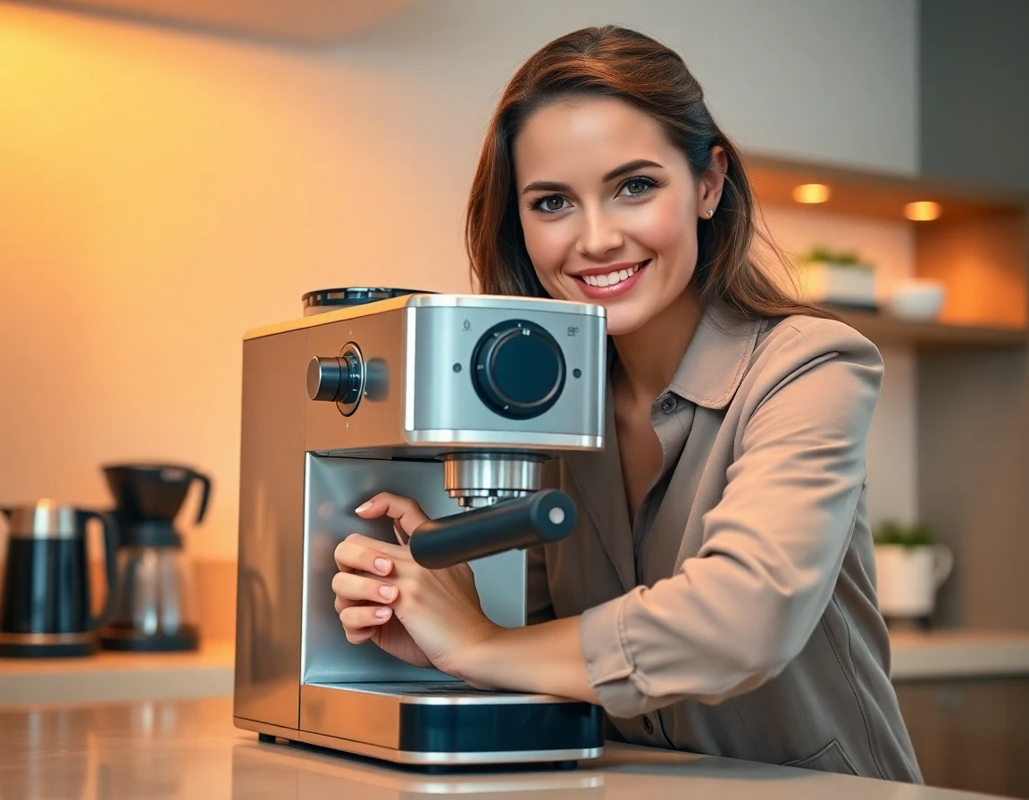 Young woman preparing coffee with modern Café espresso machine in a stylish kitchen
