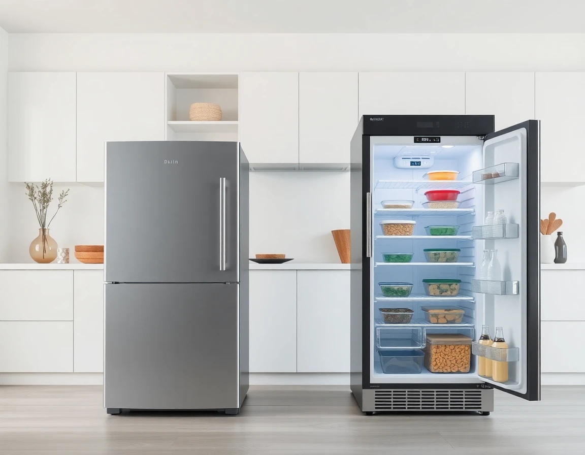 Comparison of traditional mini-fridge and modern cafe fridge in bright kitchen, detailed view