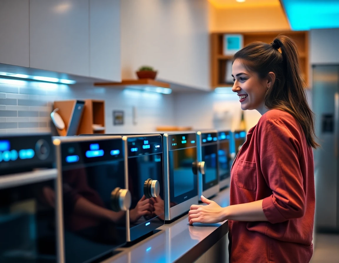 young woman exploring cafe series appliances in modern kitchen with vibrant lighting