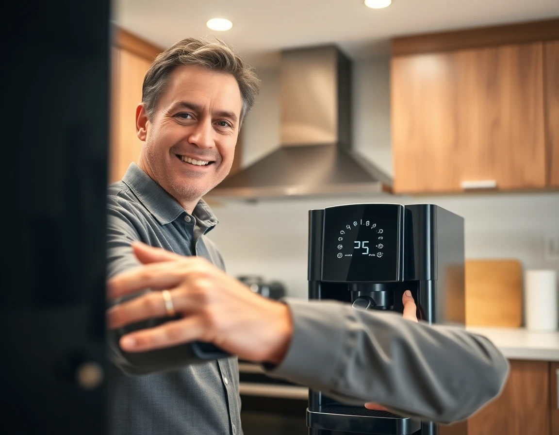 modern cafe series coffee maker in stylish kitchen with friendly middle-aged man