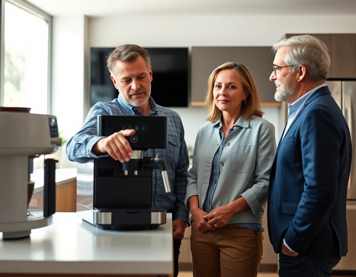 couple comparing cafe series appliances with traditional models in modern kitchen