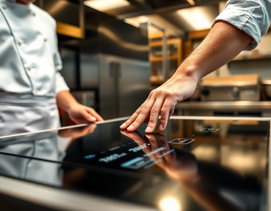 Close-up of chef controlling KitchenAid induction range in professional kitchen