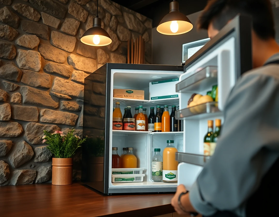 Close-up of stylish cafe fridge with organized artisanal drinks, cozy cafe setting, soft lighting