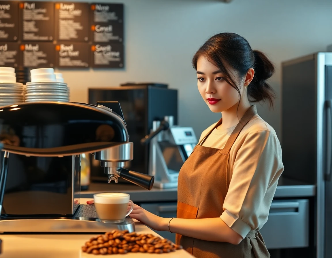 Close-up of a barista preparing coffee with a modern espresso machine in a professional cafe kitchen