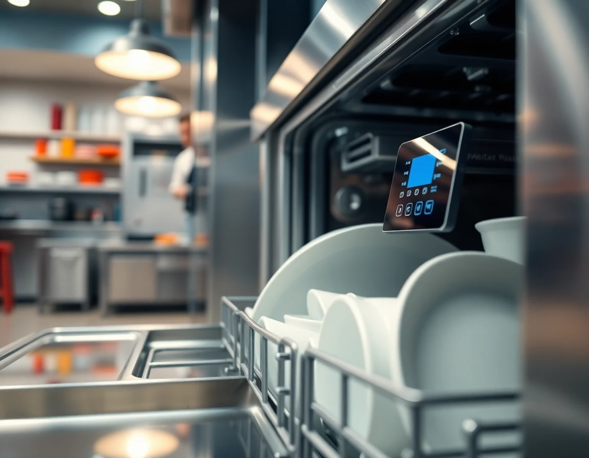 Close-up of modern cafe dishwasher with sparkling clean dishes inside
