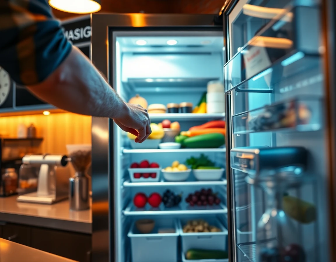 Close-up of a barista opening a modern cafe refrigerator with fresh products inside