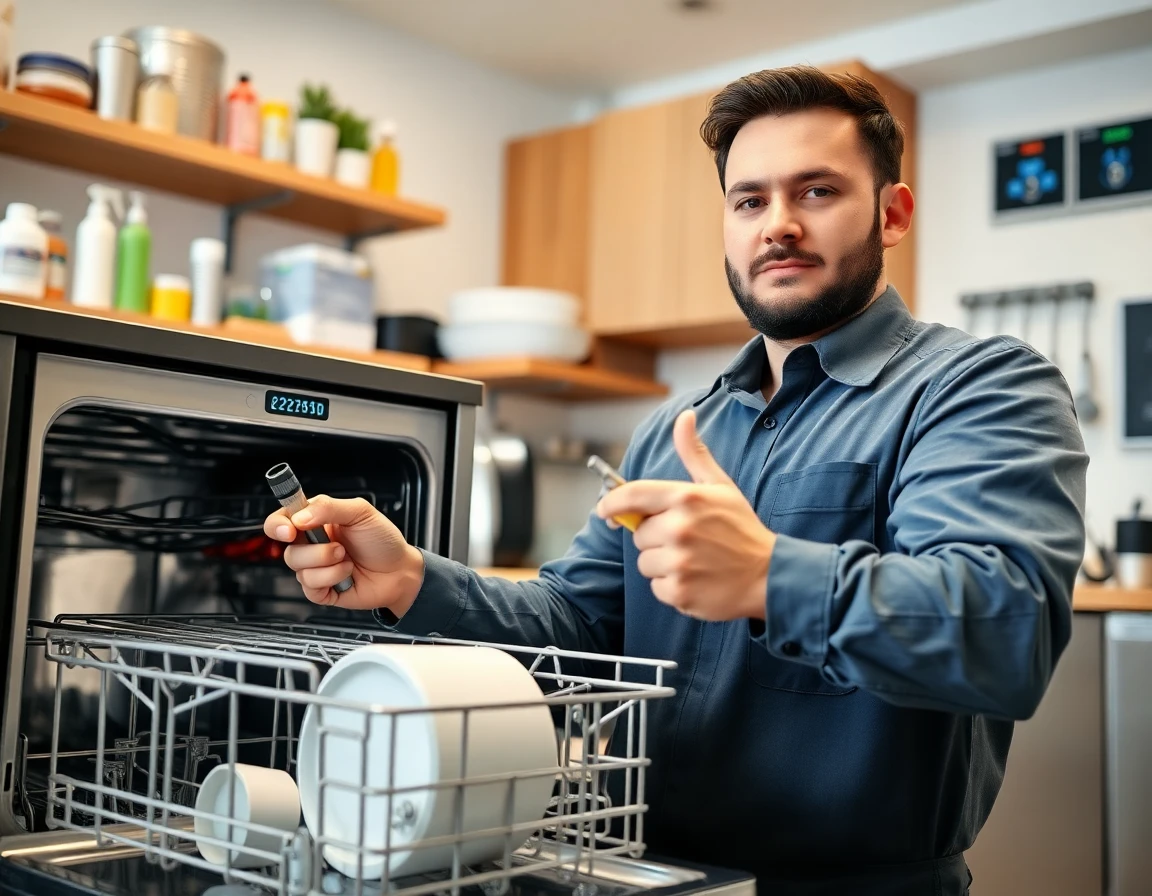 Technician demonstrating advanced dishwasher maintenance tips in cafe kitchen