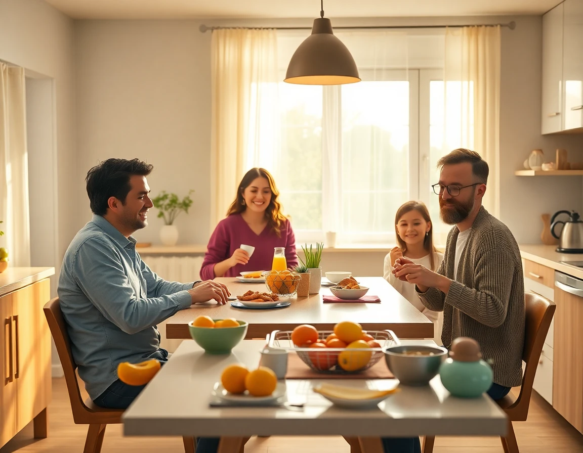 Happy family enjoying breakfast with GE dishwasher in bright kitchen, morning light