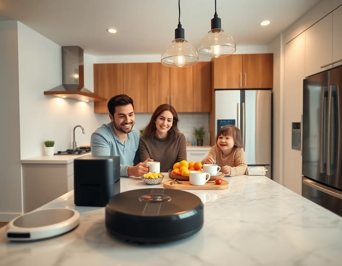 Family enjoying breakfast in a cozy modern kitchen with smart appliances