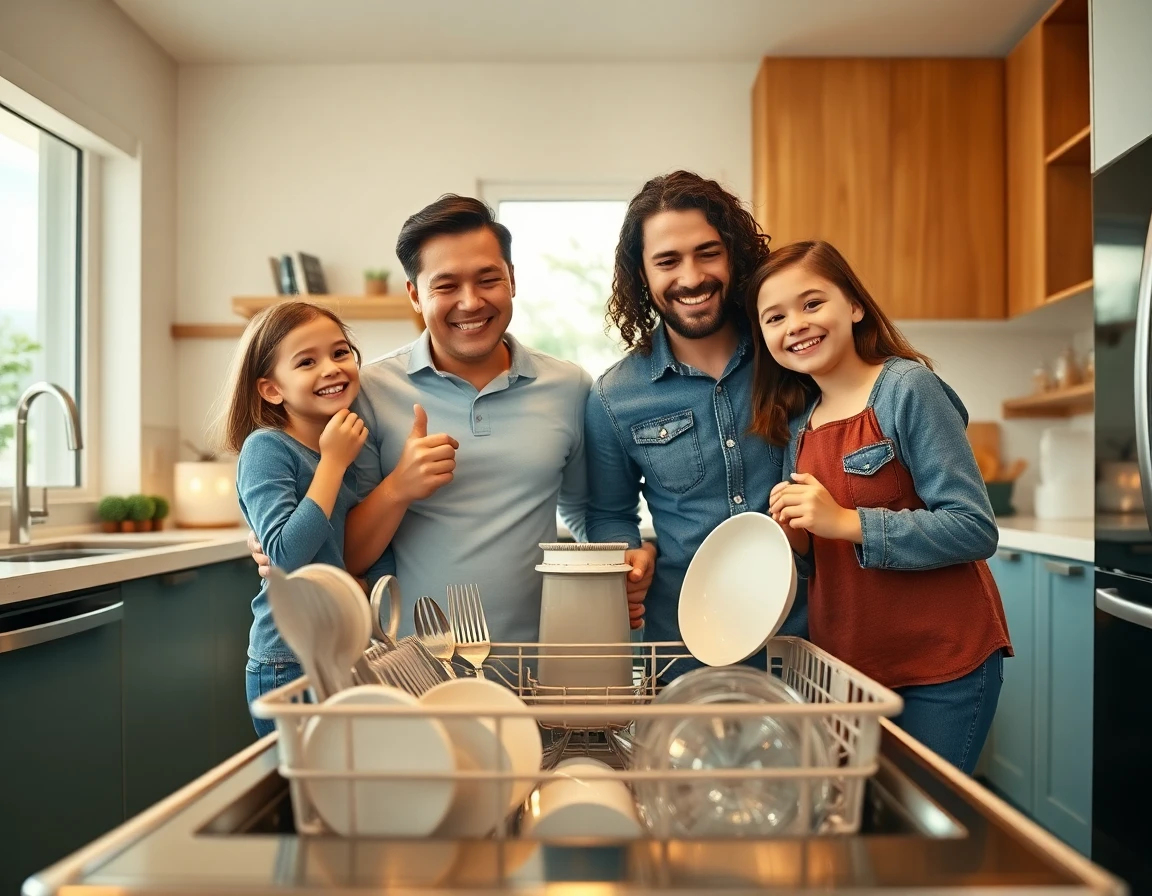 Happy family celebrating in kitchen with clean dishes from Frigidaire dishwasher