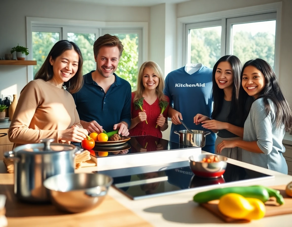Family cooking together around a modern KitchenAid induction range in a cozy kitchen