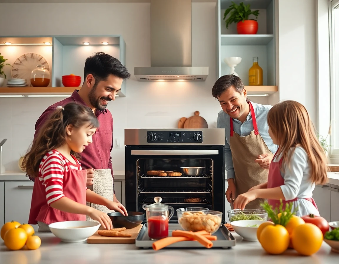 Family using high-tech Café smart oven in a bright modern kitchen