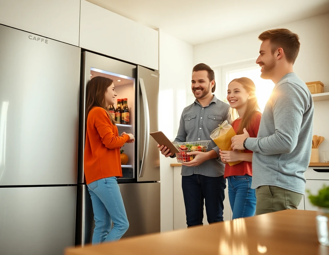 Family placing groceries into stylish home cafe refrigerator in bright kitchen