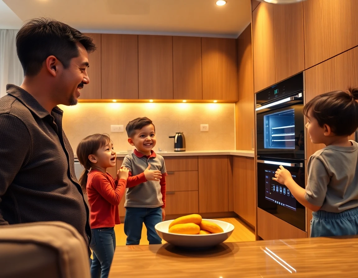 Family using smart oven in modern kitchen, interactive appliance, warm inviting environment, high-tech features