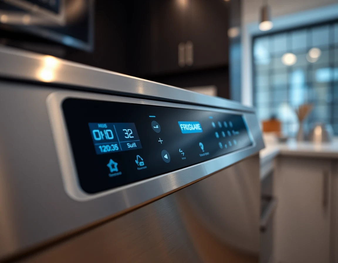 Close-up of Frigidaire dishwasher digital control panel with illuminated buttons