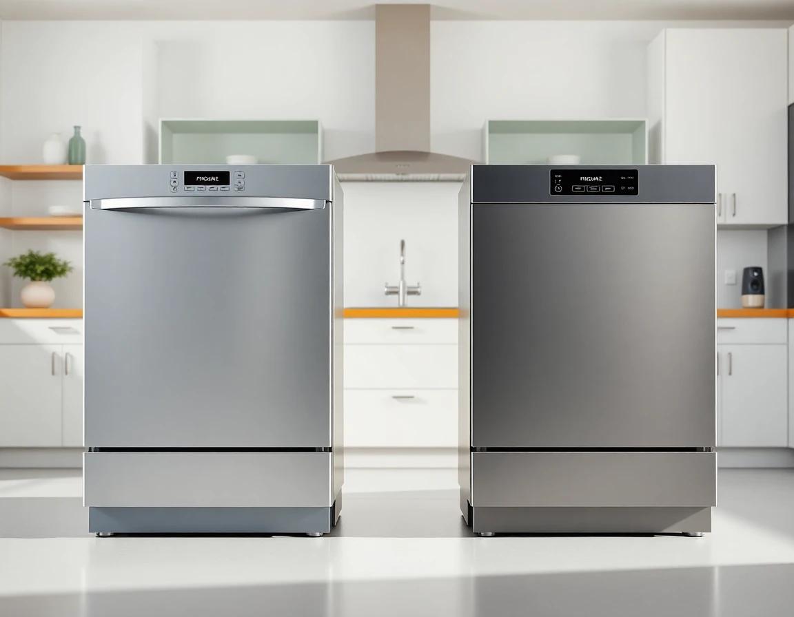 Comparison image of Frigidaire dishwasher and alternative appliance in modern kitchen