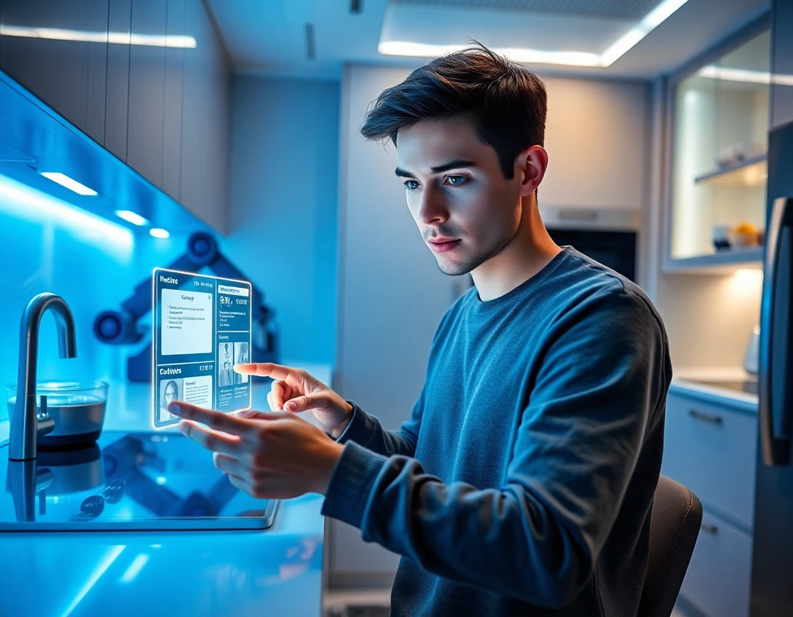 Futuristic kitchen with advanced gadgets and homeowner interacting with technology