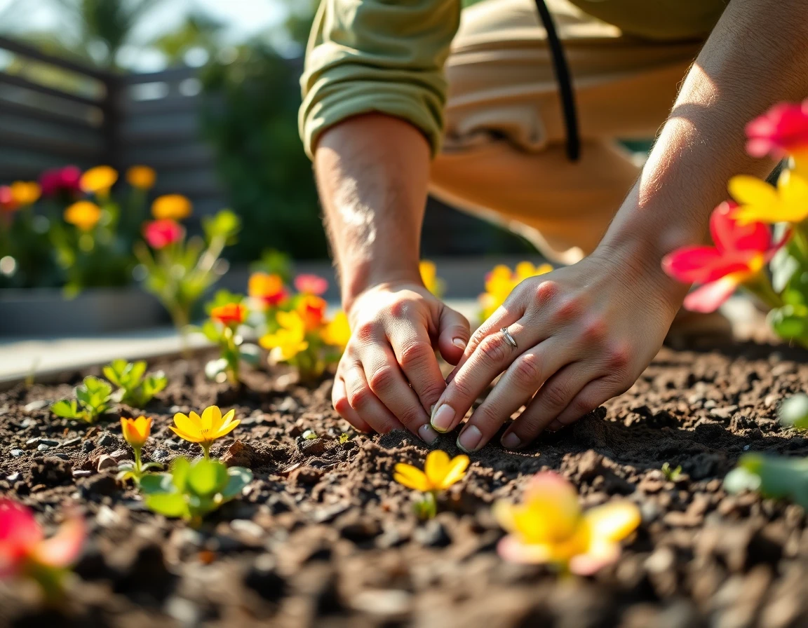 Close-up of gardener planting colorful flowers in a Robert Mygardenandpatio garden bed, detailed soil and plant textures
