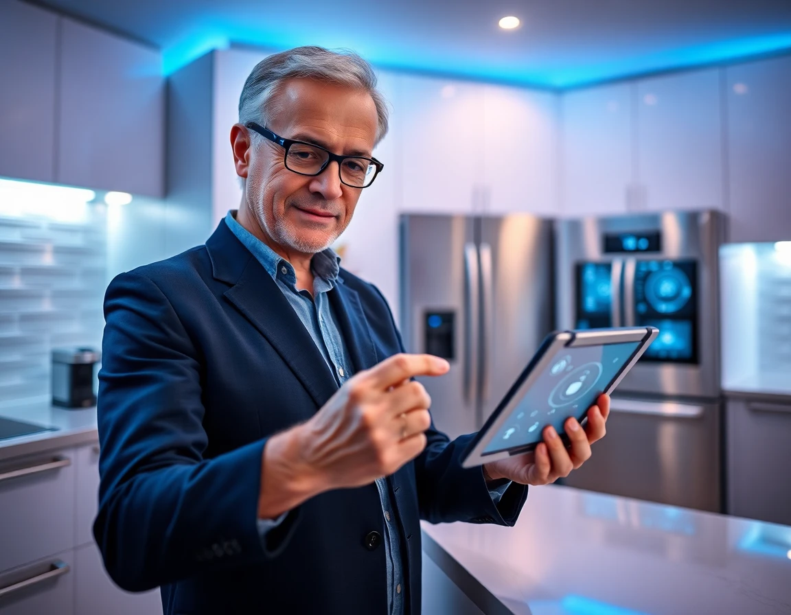 Tech-savvy person controlling Ge Cafe appliances with smart tablet, futuristic kitchen
