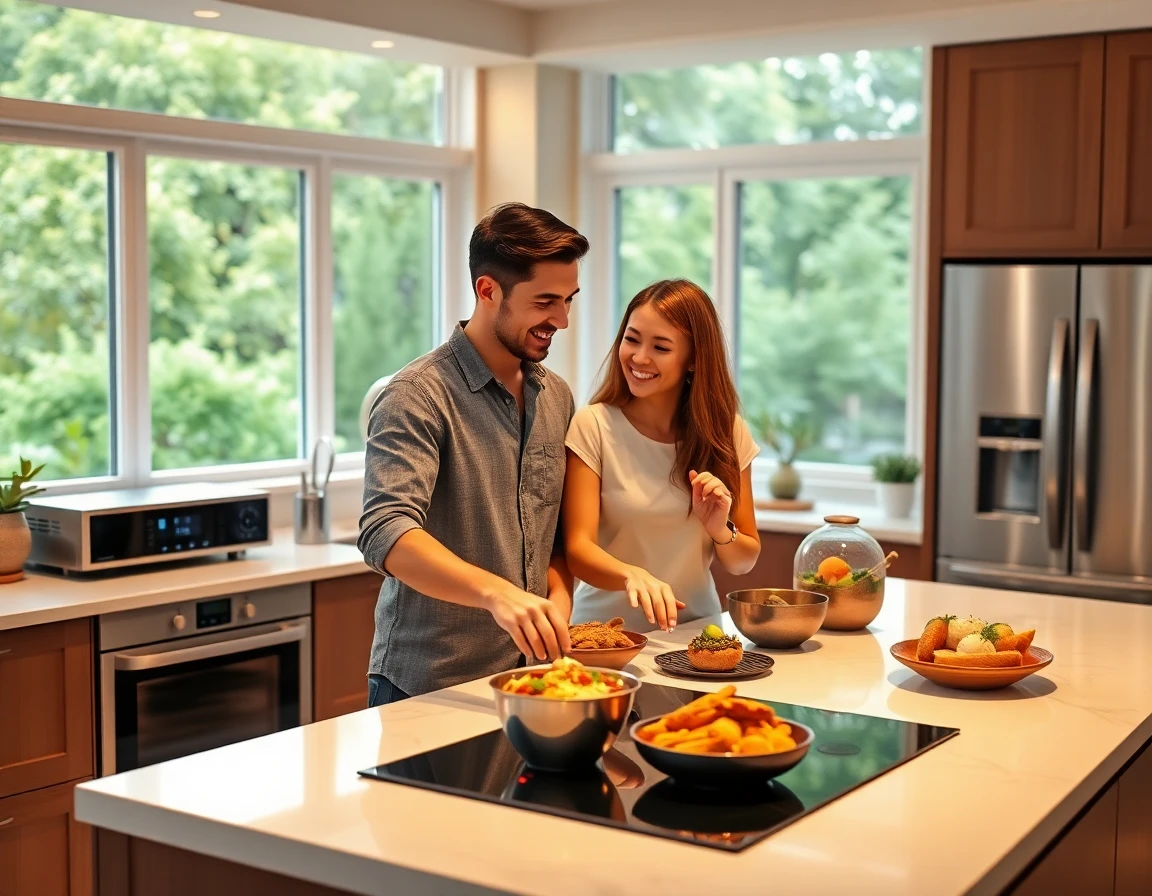 Young couple cooking with Ge Cafe appliances, vibrant, modern kitchen scene