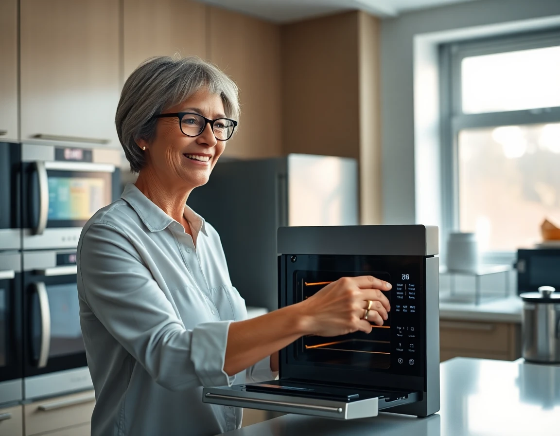 Woman inspecting Ge Cafe smart oven, modern kitchen, detailed appliance view