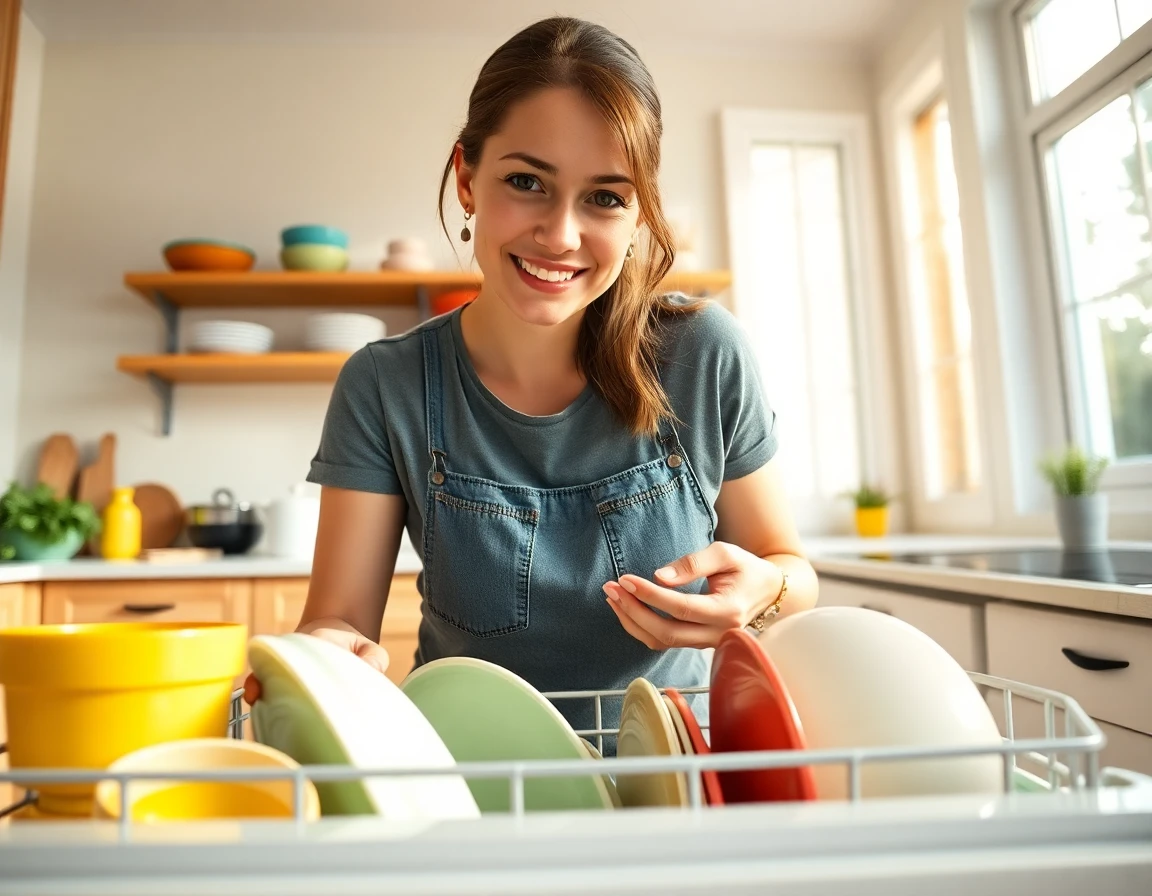 Young woman loading dishes into GE dishwasher in bright modern kitchen, natural light