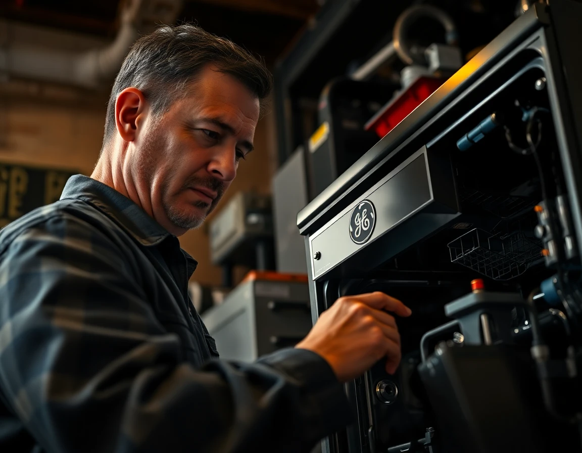 Technician inspecting GE dishwasher in industrial workshop, dramatic lighting