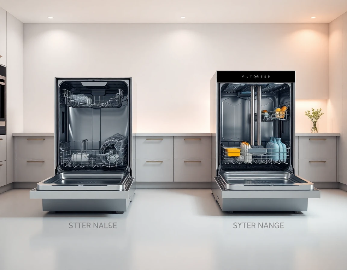 Comparison layout of GE dishwasher and alternative brands in studio setting