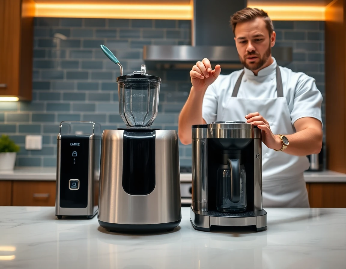 Chef demonstrating high-tech kitchen appliances in a stylish modern kitchen