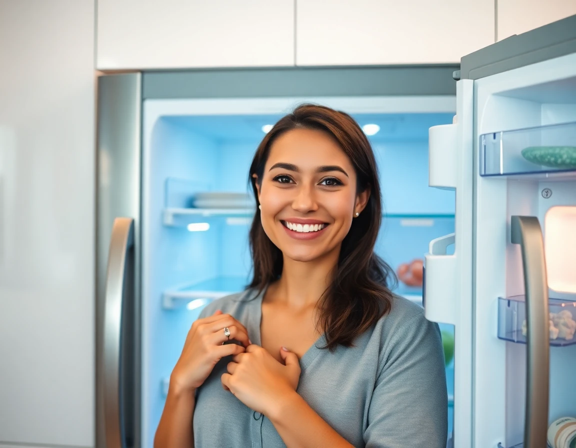 Young woman opening KitchenAid refrigerator in modern kitchen, bright and inviting