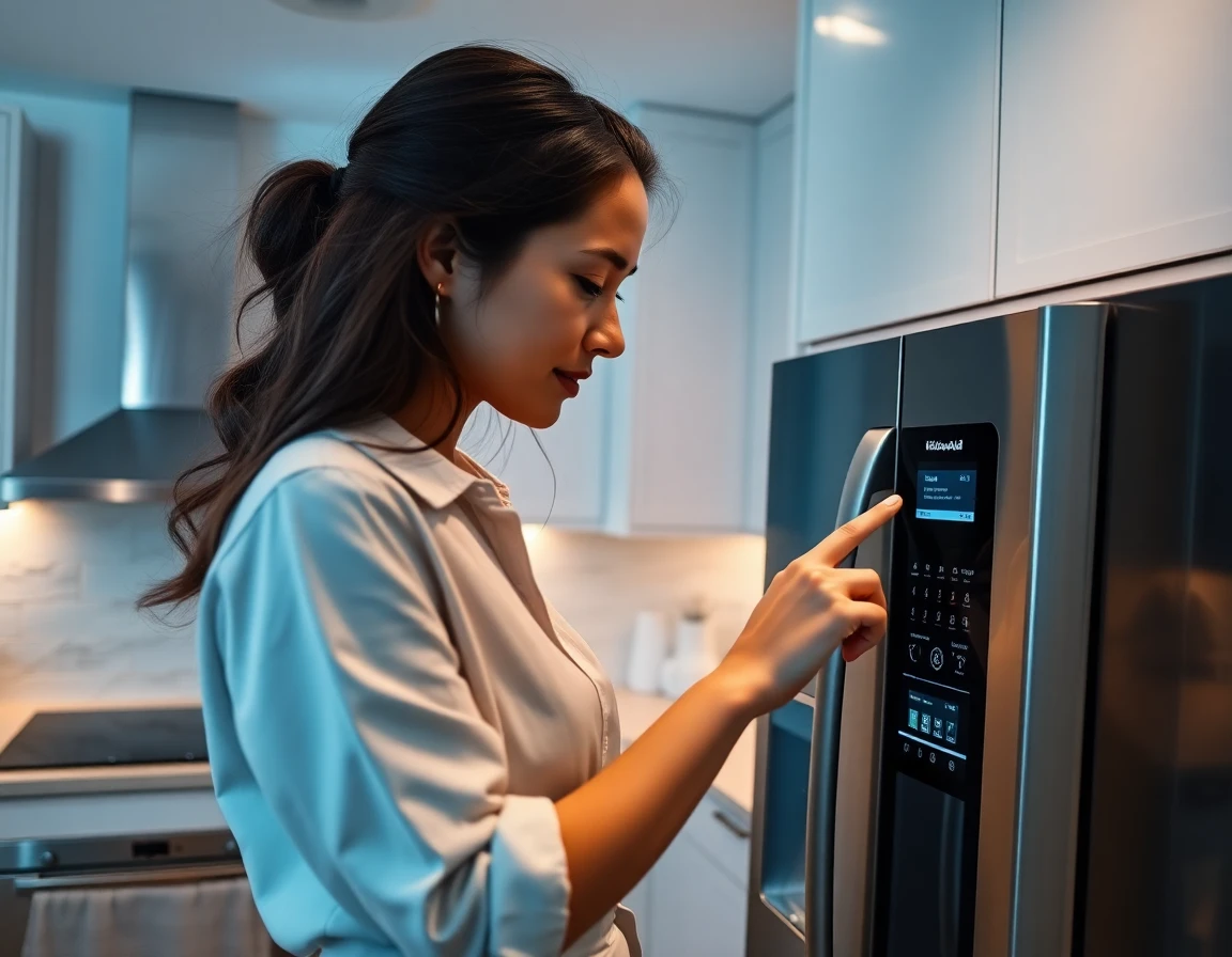 Woman using digital controls on modern KitchenAid refrigerator in minimalist kitchen