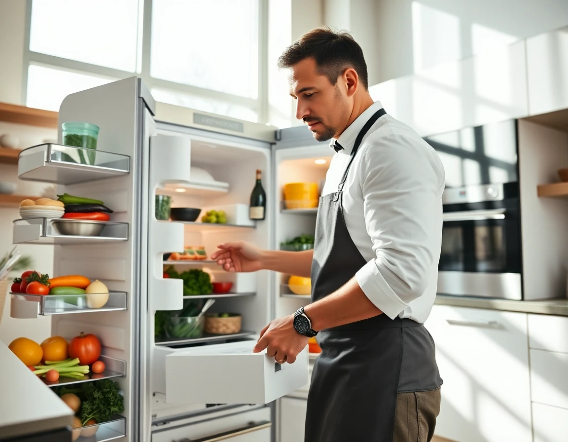 Chef loading ingredients into KitchenAid refrigerator in bright modern kitchen