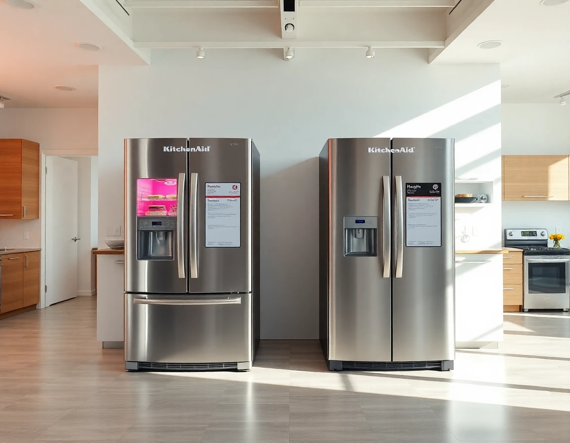 Comparison of KitchenAid and alternative refrigerators in modern showroom