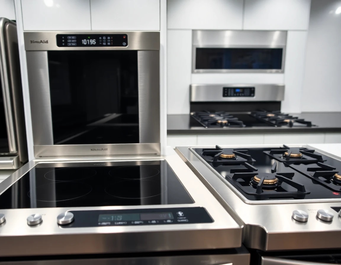 Comparison of KitchenAid induction range with gas and electric cooktops in showroom