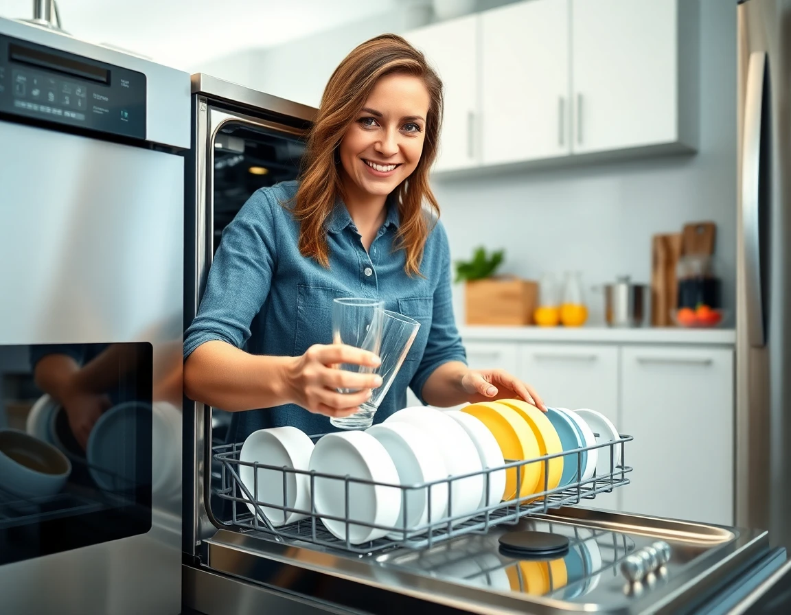 Woman loading dishes into a modern Frigidaire dishwasher in bright kitchen