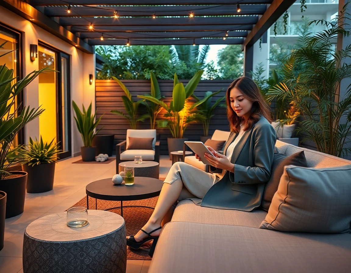 Young woman reviewing Robert Mygardenandpatio strategies on tablet in modern outdoor lounge area