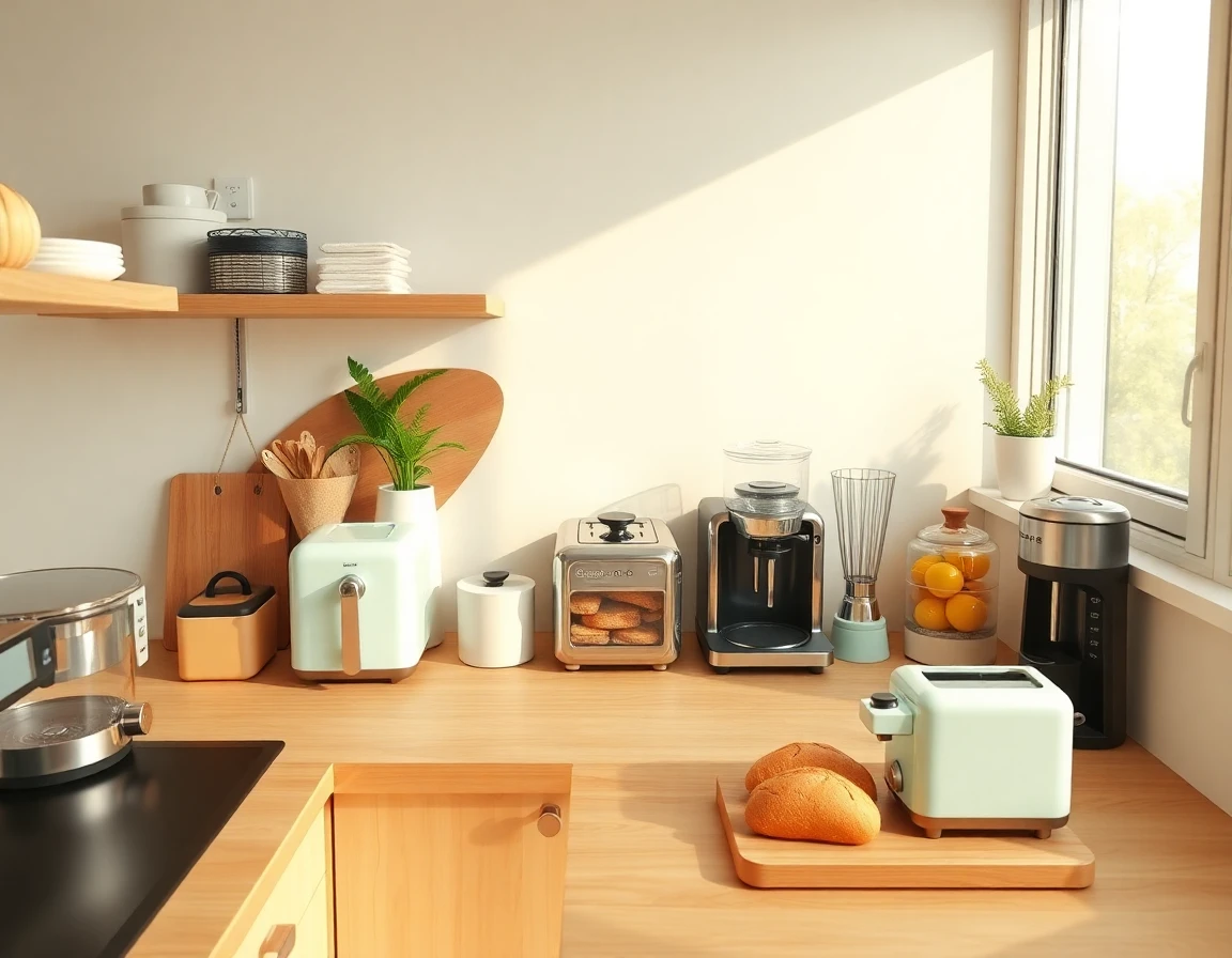 Overhead view of a modern, organized home cafe kitchen with small appliances and natural lighting
