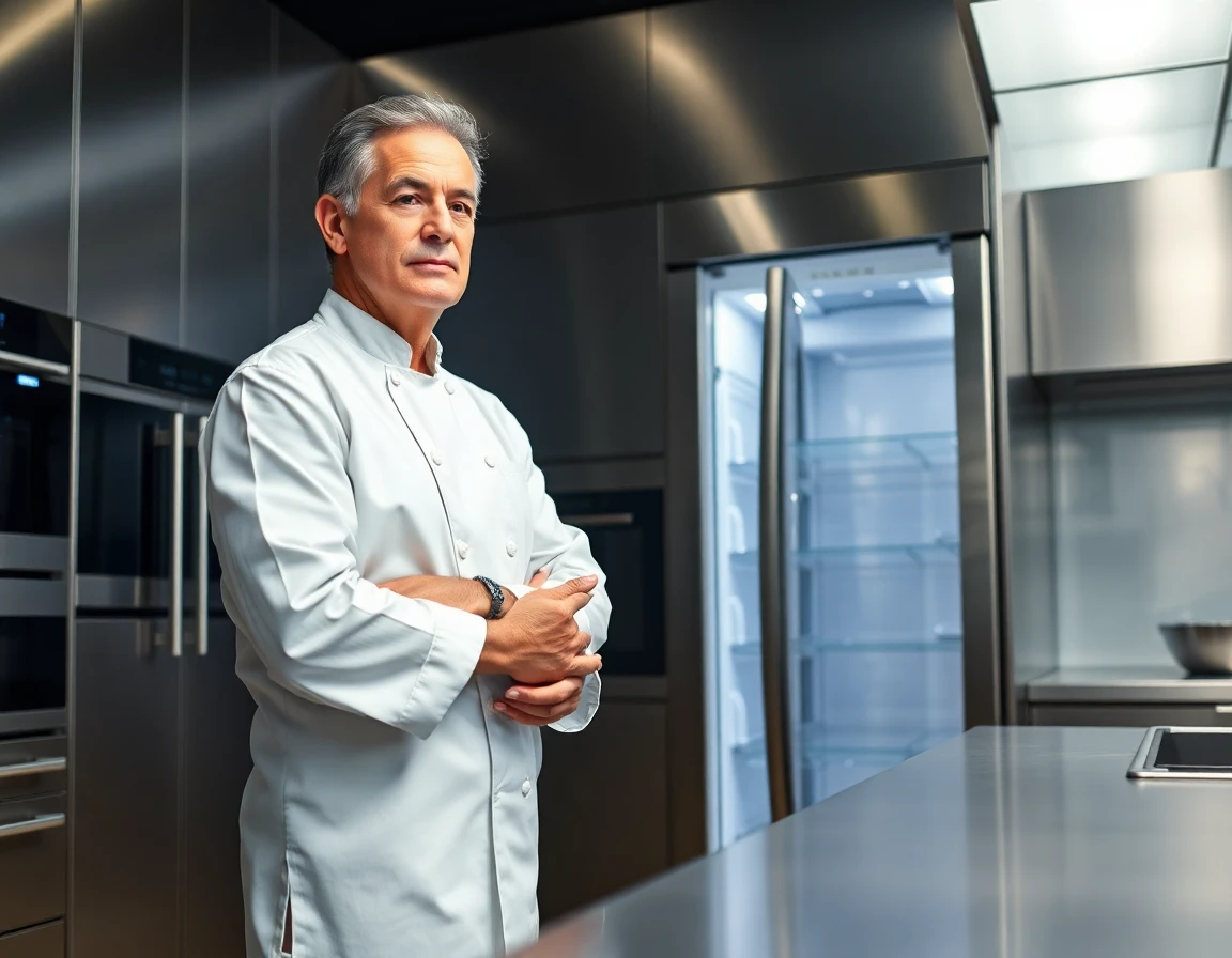 Chef demonstrating features of advanced Café refrigerator in a sleek kitchen