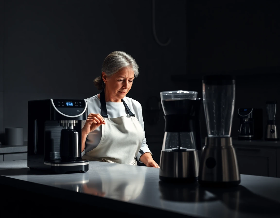 Chef inspecting high-end kitchen appliances, professional setup, energy-efficient, detailed textures