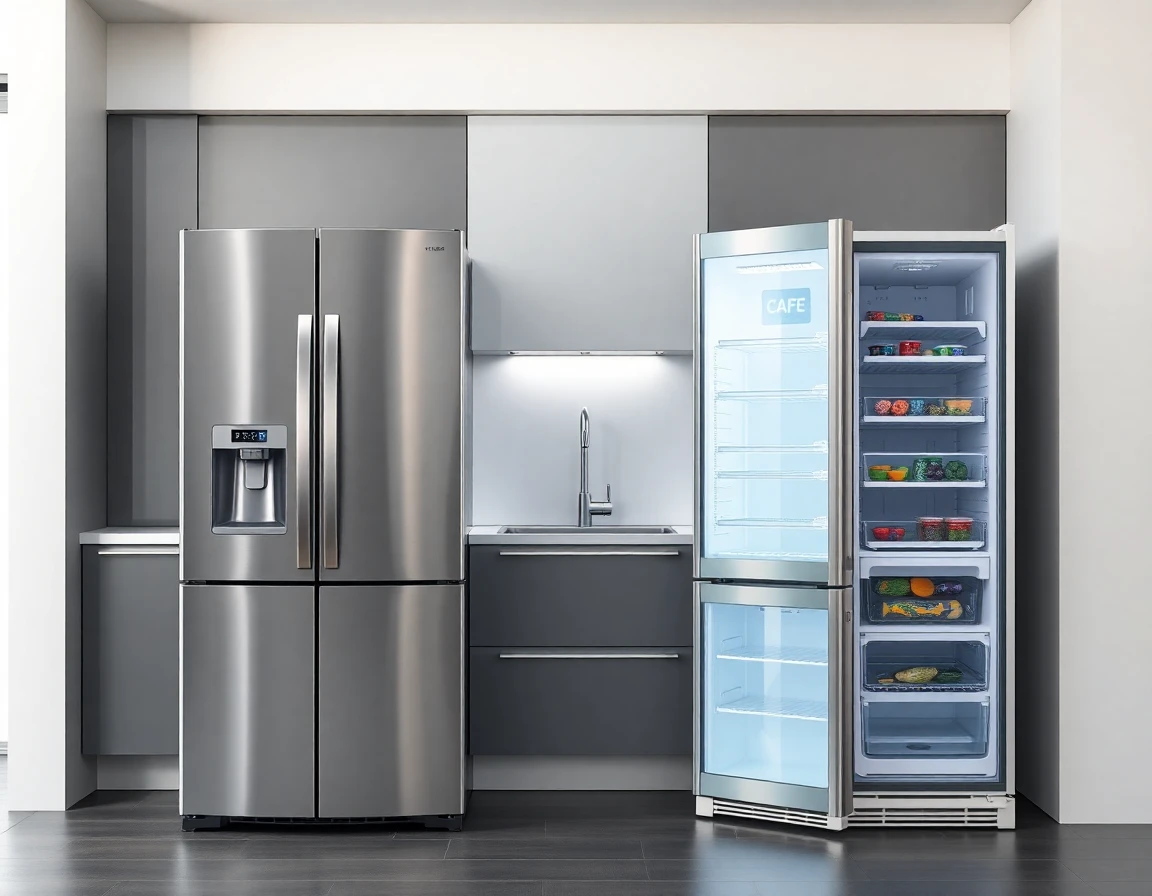 Comparison of modern cafe refrigerator and traditional refrigerator in sleek kitchen