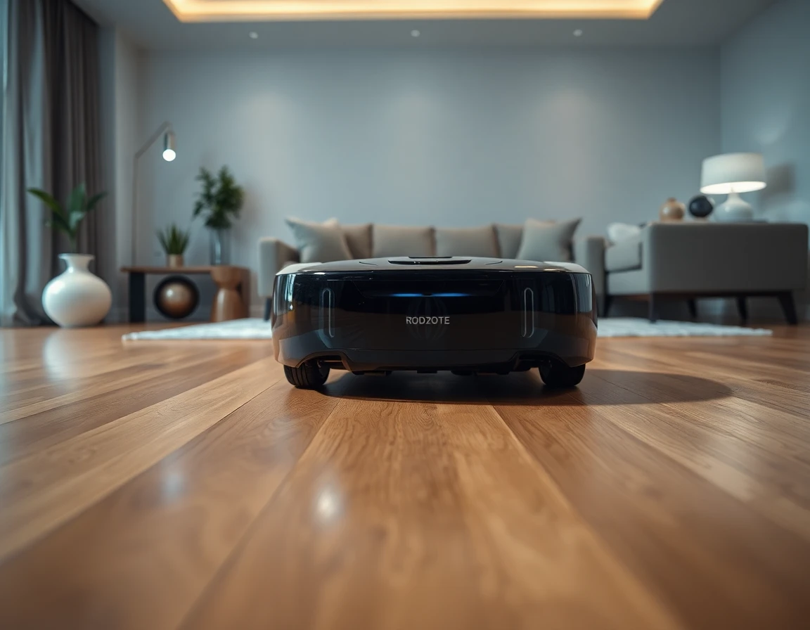 Robotic vacuum cleaner in modern living room, sleek design, advanced technology, polished hardwood floor