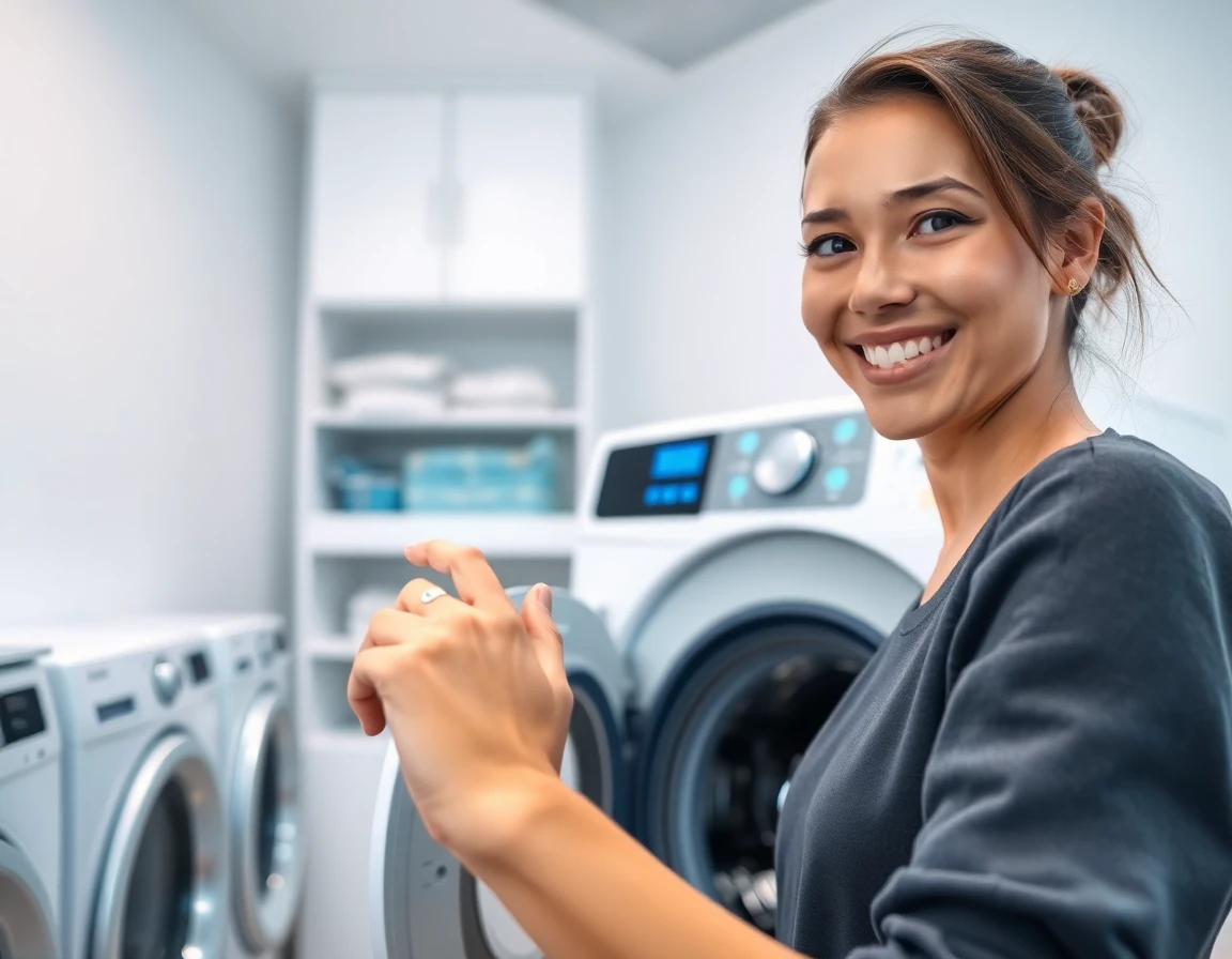 Young woman operating smart washing machine in bright laundry room, modern appliance, user-friendly technology