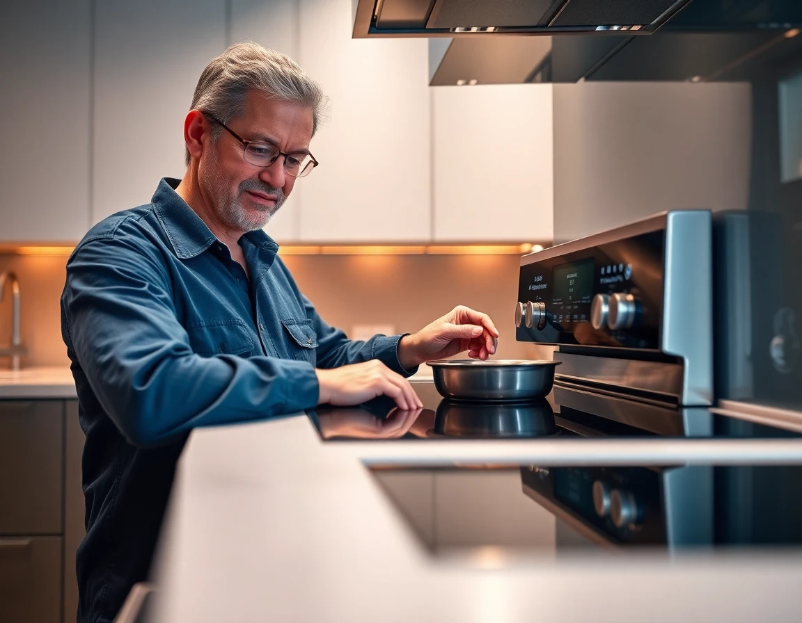 Technician demonstrating advanced features on KitchenAid induction range in modern kitchen