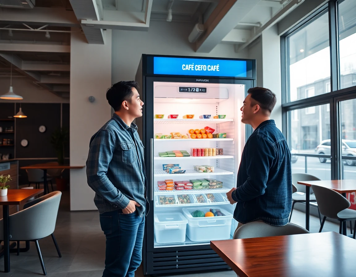 Young couple exploring high-tech cafe fridge in modern urban café, natural daylight, vibrant colors
